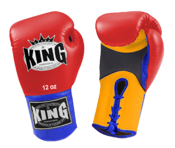 KING Triple Color Boxing Gloves- Air Laceup - Red Fist, Yellow Palm Blue White Black Wrist