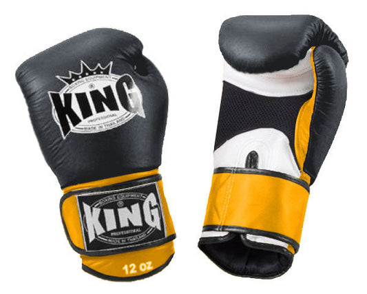 KING Triple Color Boxing Gloves- Air Velcro - Black Fist, White Palm Blue Red Yellow Wrist