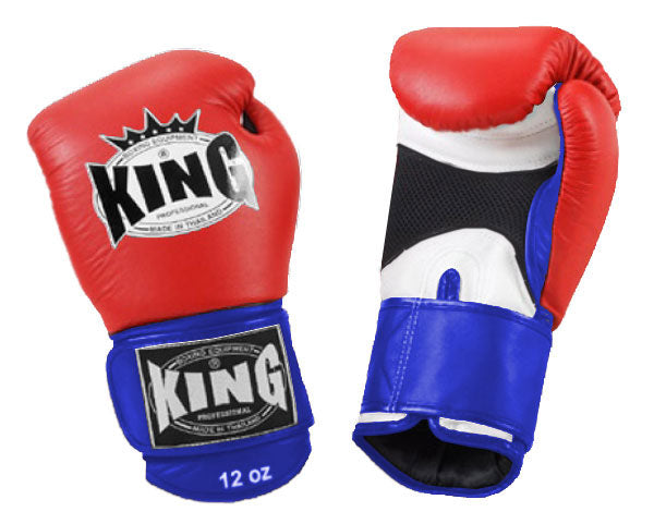 KING Triple Color Boxing Gloves- Air Velcro - Red Fist, White Palm Black Blue Yellow Wrist