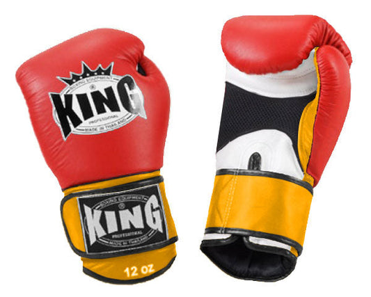 KING Triple Color Boxing Gloves- Air Velcro - Red Fist, White Palm Black Blue Yellow Wrist