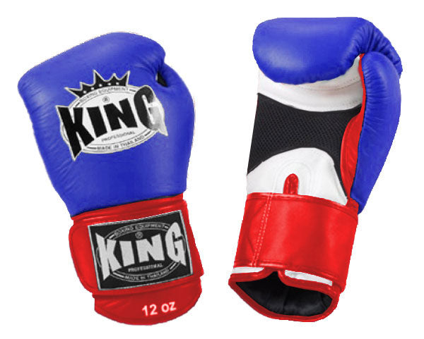 KING Triple Color Boxing Gloves- Air Velcro - Blue Fist, White Palm Black Red Yellow Wrist