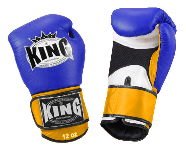 KING Triple Color Boxing Gloves- Air Velcro - Blue Fist, White Palm Black Red Yellow Wrist