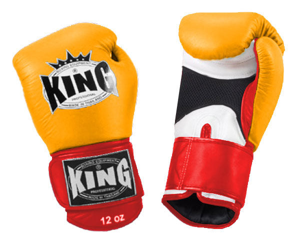 KING Triple Color Boxing Gloves- Air Velcro - Yellow Fist, White Palm Blue Red Black Wrist