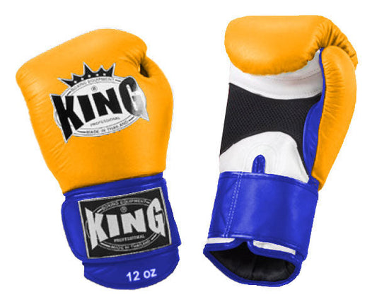 KING Triple Color Boxing Gloves- Air Velcro - Yellow Fist, White Palm Blue Red Black Wrist