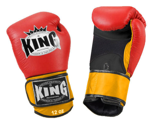 KING Triple Color Boxing Gloves- Air Velcro - Red Fist, Black Palm Blue White Yellow Wrist