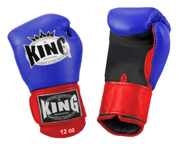 KING Triple Color Boxing Gloves- Air Velcro - Blue Fist Black Palm Red White Yellow Wrist