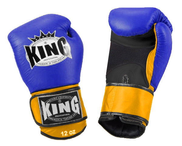 KING Triple Color Boxing Gloves- Air Velcro - Blue Fist Black Palm Red White Yellow Wrist