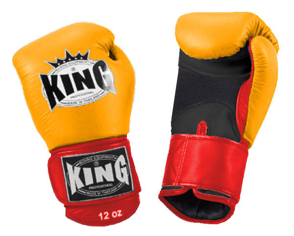 KING Triple Color Boxing Gloves- Air Velcro - Yellow Fist, Black Palm Blue Red White Wrist