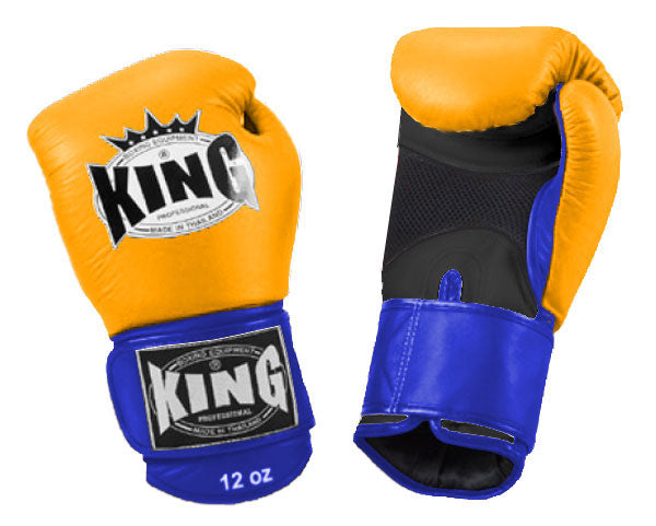 KING Triple Color Boxing Gloves- Air Velcro - Yellow Fist, Black Palm Blue Red White Wrist