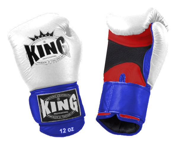 KING Triple Color Boxing Gloves- Air Velcro- White Fist, Red Palm Black Blue Yellow Wrist