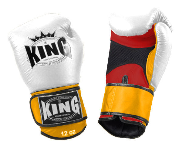 KING Triple Color Boxing Gloves- Air Velcro- White Fist, Red Palm Black Blue Yellow Wrist