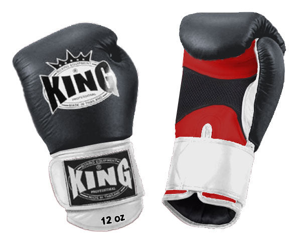 KING Triple Color Boxing Gloves- Air Velcro - Black Fist, Red Palm Blue Yellow White Wrist