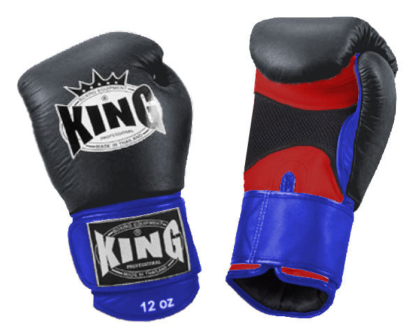 KING Triple Color Boxing Gloves- Air Velcro - Black Fist, Red Palm Blue Yellow White Wrist