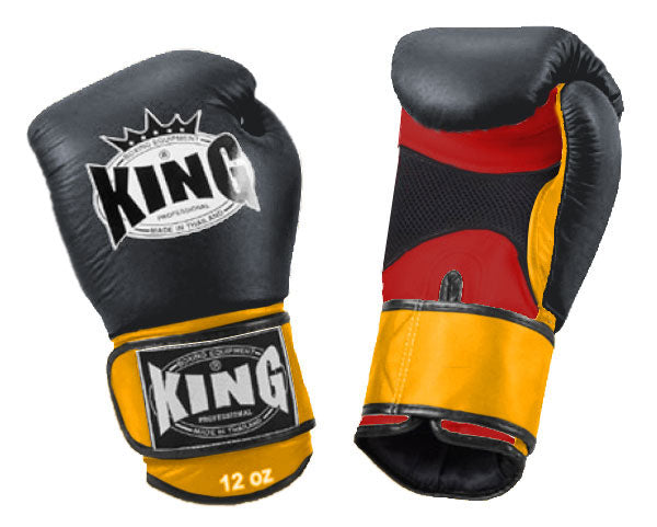 KING Triple Color Boxing Gloves- Air Velcro - Black Fist, Red Palm Blue Yellow White Wrist