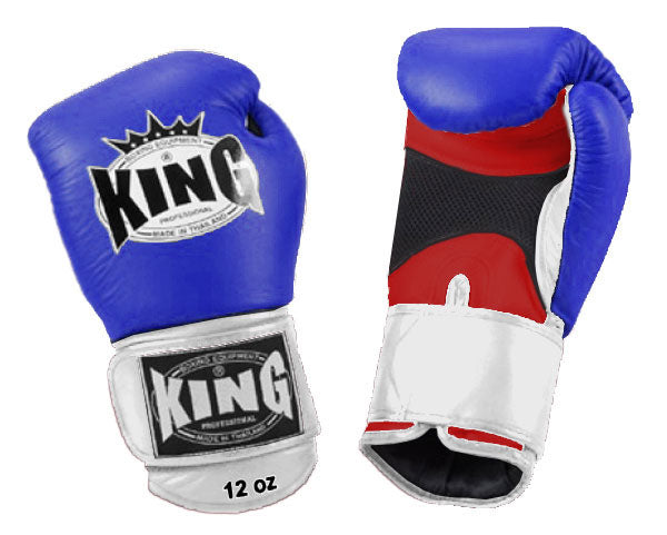 KING Triple Color Boxing Gloves- Air Velcro - Blue Fist, Red Palm Black White Yellow Wrist