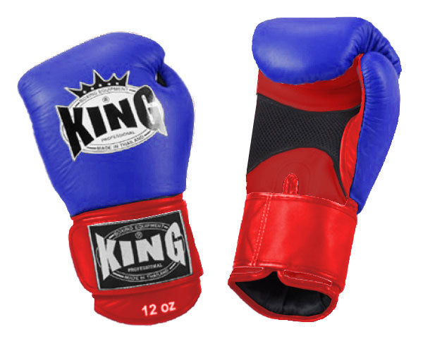 KING Dual Color Boxing Gloves- Air Velcro - Blue Fist, Black Red White Yellow Palm & Wrist