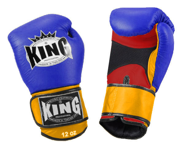 KING Triple Color Boxing Gloves- Air Velcro - Blue Fist, Red Palm Black White Yellow Wrist