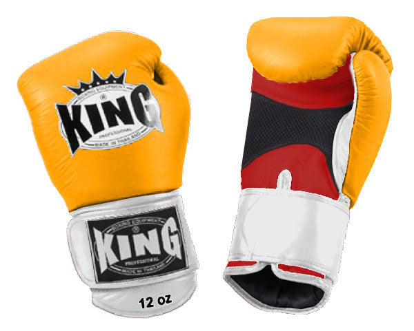 KING Triple Color Boxing Gloves- Air Velcro - Yellow Fist, Red Palm Blue White Black Wrist