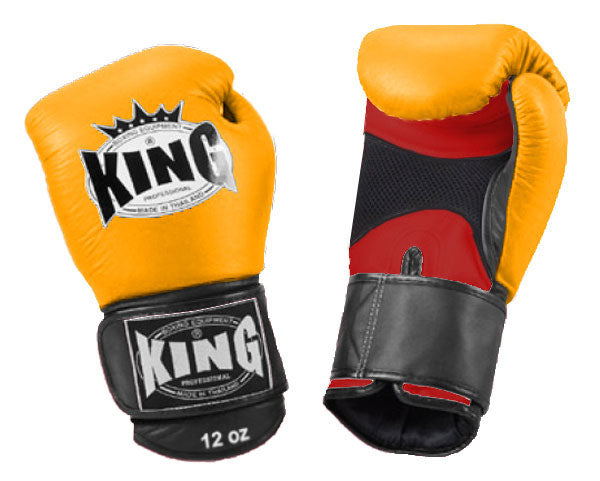 KING Triple Color Boxing Gloves- Air Velcro - Yellow Fist, Red Palm Blue White Black Wrist