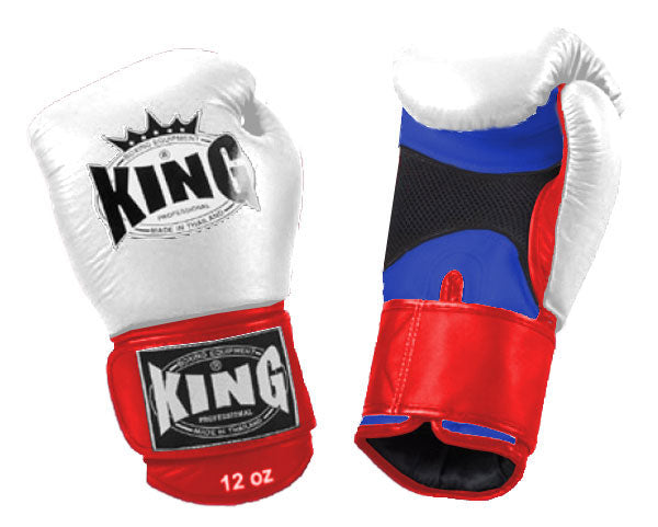 KING Triple Color Boxing Gloves- Air Laceup - White Fist, Blue Palm Red Black Yellow Wrist