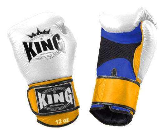 KING Triple Color Boxing Gloves- Air Laceup - White Fist, Blue Palm Red Black Yellow Wrist