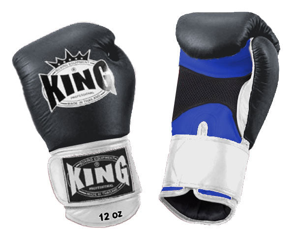 KING Triple Color Boxing Gloves- Air Velcro - Black Fist, Blue Palm Red Yellow White Wrist