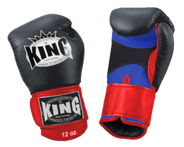 KING Triple Color Boxing Gloves- Air Velcro - Black Fist, Blue Palm Red Yellow White Wrist