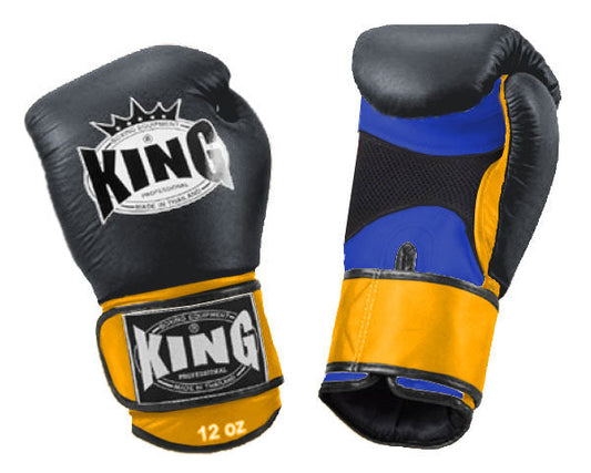 KING Triple Color Boxing Gloves- Air Velcro - Black Fist, Blue Palm Red Yellow White Wrist