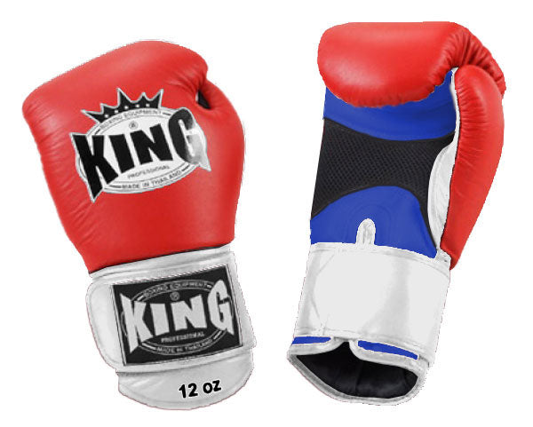 KING Triple Color Boxing Gloves- Air Velcro - Red Fist, Blue Palm Black White Yellow Wrist