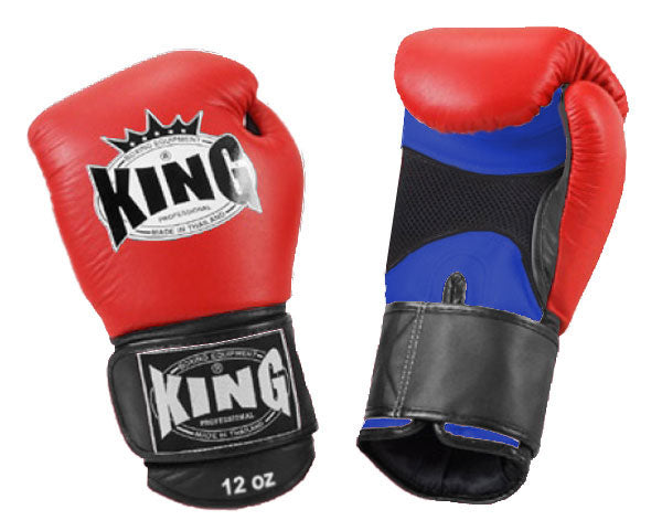 KING Triple Color Boxing Gloves- Air Velcro - Red Fist, Blue Palm Black White Yellow Wrist