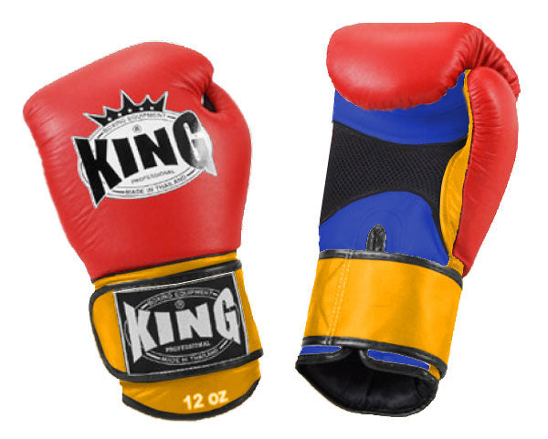 KING Triple Color Boxing Gloves- Air Velcro - Red Fist, Blue Palm Black White Yellow Wrist