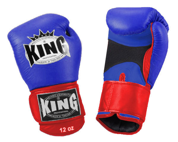 KING Dual Color Boxing Gloves- Air Velcro - Blue Fist & Palm, Black Red White Yellow Wrist