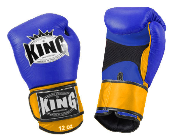 KING Dual Color Boxing Gloves- Air Velcro - Blue Fist & Palm, Black Red White Yellow Wrist