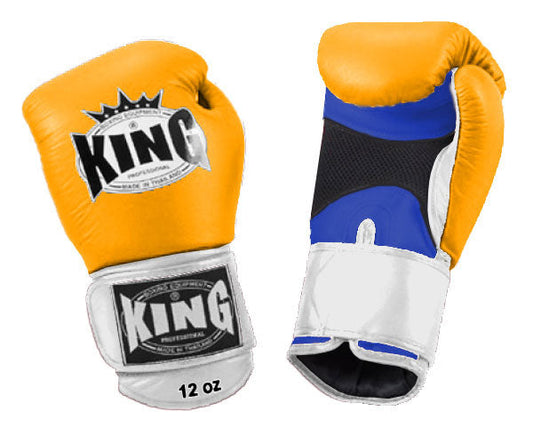 KING Triple Color Boxing Gloves- Air Velcro - Yellow Fist, Blue Palm Red White Black Wrist