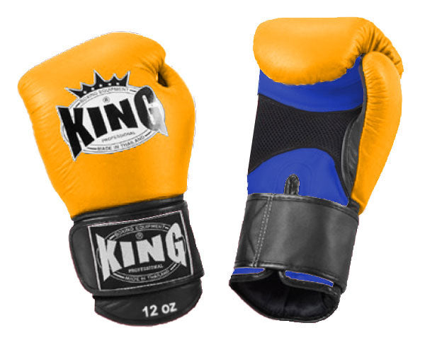 KING Triple Color Boxing Gloves- Air Velcro - Yellow Fist, Blue Palm Red White Black Wrist