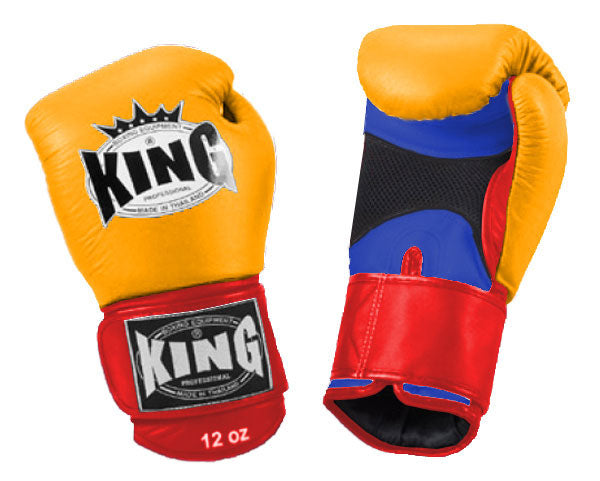 KING Triple Color Boxing Gloves- Air Velcro - Yellow Fist, Blue Palm Red White Black Wrist