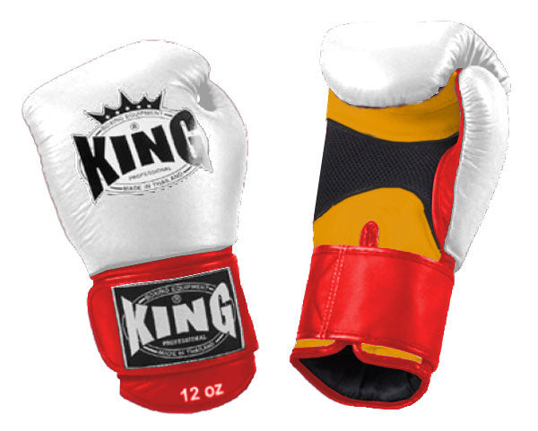 KING Triple Color Boxing Gloves- Air Velcro - White Fist, Yellow Palm Black Red Blue Wrist