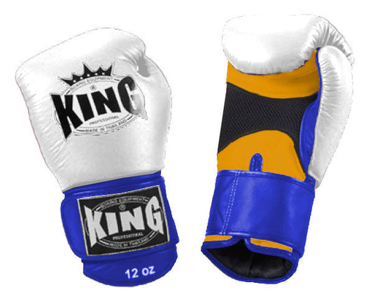 KING Triple Color Boxing Gloves- Air Velcro - White Fist, Yellow Palm Black Red Blue Wrist