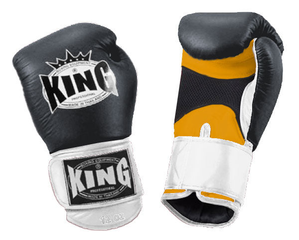 KING Triple Color Boxing Gloves- Air Velcro - Black Fist, Yellow Palm Blue Red White Wrist