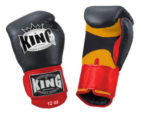 KING Triple Color Boxing Gloves- Air Velcro - Black Fist, Yellow Palm Blue Red White Wrist