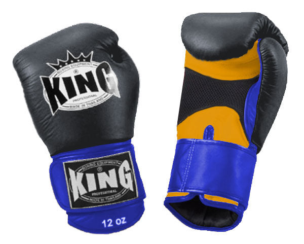 KING Triple Color Boxing Gloves- Air Velcro - Black Fist, Yellow Palm Blue Red White Wrist