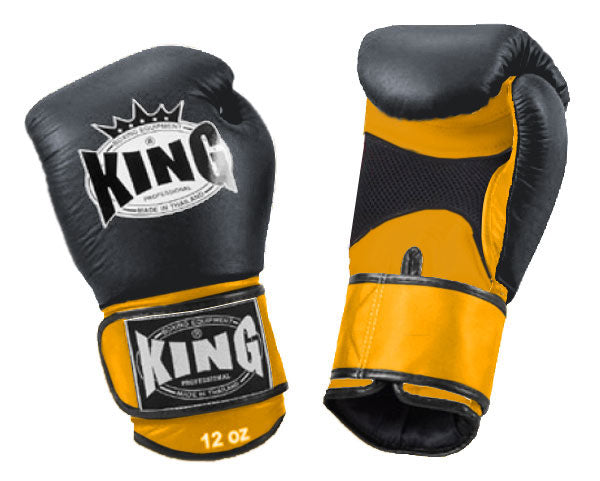 KING Dual Color Boxing Gloves- Air Velcro - Black Fist, Blue Red White Yellow Palm & Wrist