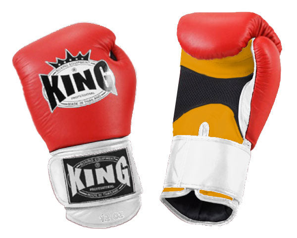 KING Triple Color Boxing Gloves- Air Velcro - Red Fist, Yellow Palm Black Blue White Wrist