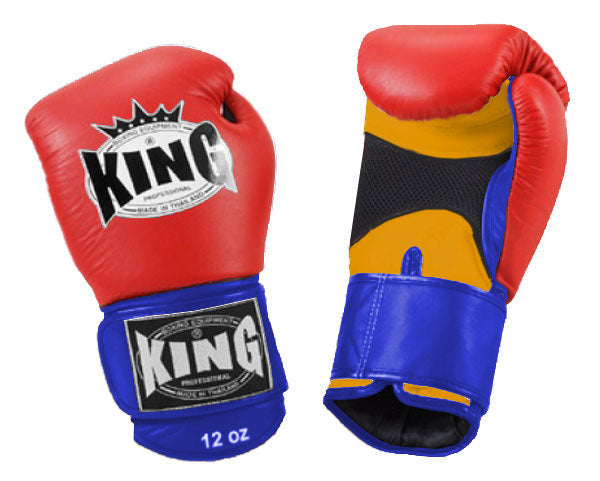 KING Triple Color Boxing Gloves- Air Velcro - Red Fist, Yellow Palm Black Blue White Wrist