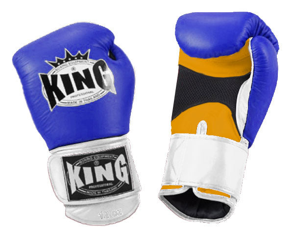 KING Triple Color Boxing Gloves- Air Velcro - Blue Fist, Yellow Palm Black White Red Wrist