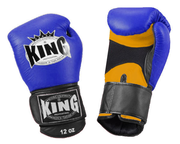 KING Triple Color Boxing Gloves- Air Velcro - Blue Fist, Yellow Palm Black White Red Wrist