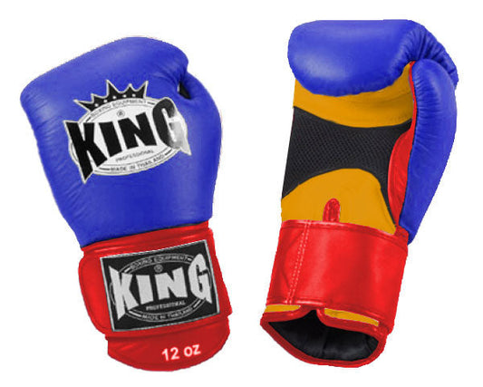 KING Triple Color Boxing Gloves- Air Velcro - Blue Fist, Yellow Palm Black White Red Wrist