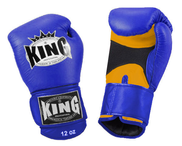 KING Dual Color Boxing Gloves- Air Velcro - Blue Fist & Wrist, Black Red White Yellow Palm