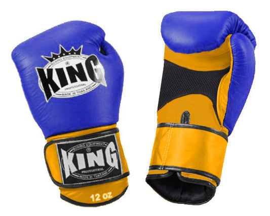 KING Dual Color Boxing Gloves- Air Velcro - Blue Fist, Black Red White Yellow Palm & Wrist