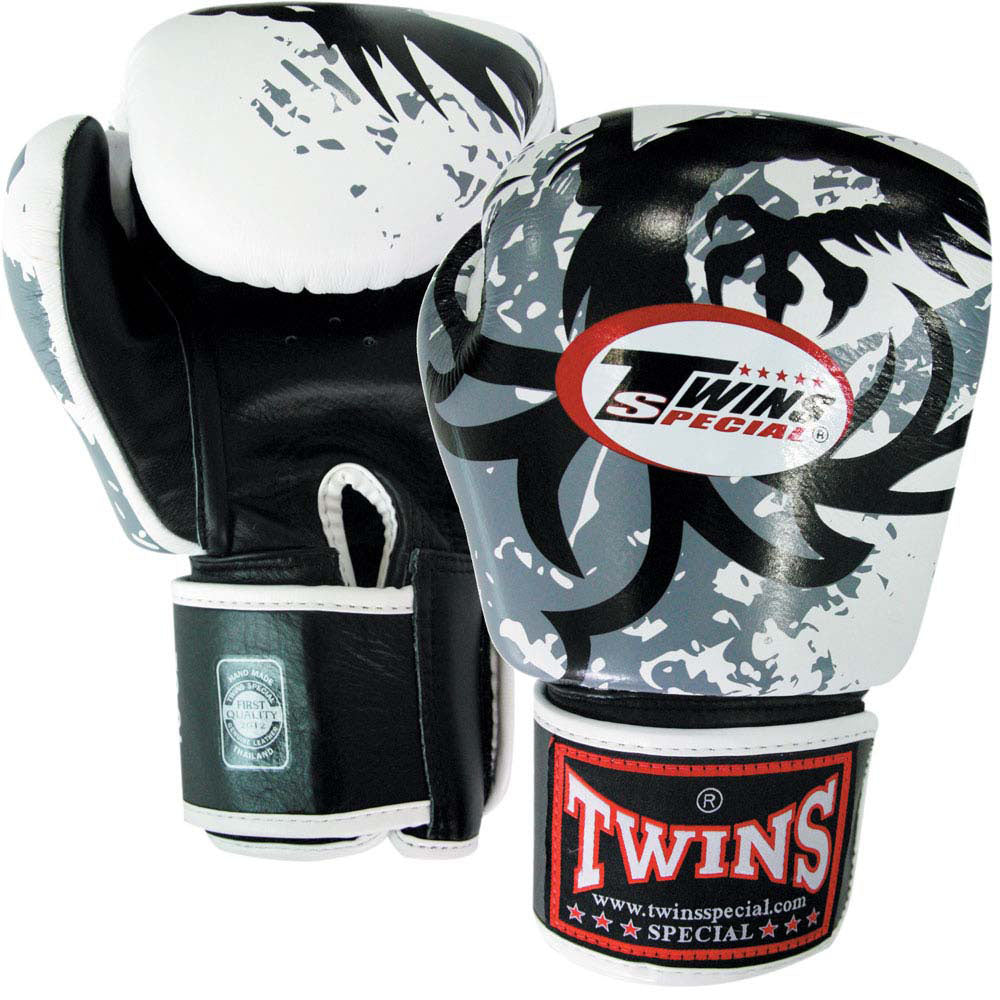 TWINS Tribal Dragon Boxing Gloves- Premium Leather- White